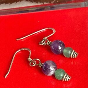 925 Silver Earrings,Purple and Green Stone Drop Earrings with Silver Accents